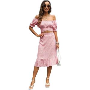 imageLYANER Womens 2 Piece Outfits Floral Self Tie Knot Crop Top and Midi Skirt SetPink