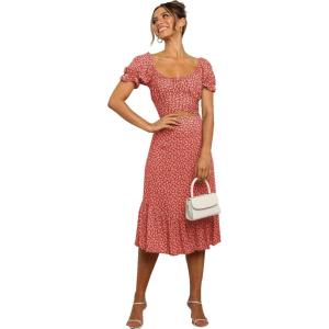 imageLYANER Womens 2 Piece Outfits Floral Self Tie Knot Crop Top and Midi Skirt SetRed
