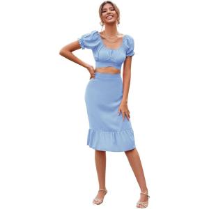 imageLYANER Womens 2 Piece Outfits Floral Self Tie Knot Crop Top and Midi Skirt SetSolid Blue