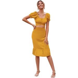 imageLYANER Womens 2 Piece Outfits Floral Self Tie Knot Crop Top and Midi Skirt SetSolid Ginger