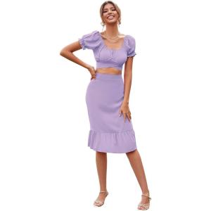 imageLYANER Womens 2 Piece Outfits Floral Self Tie Knot Crop Top and Midi Skirt SetSolid Lavender