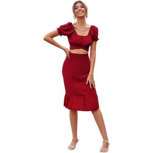 imageLYANER Womens 2 Piece Outfits Floral Self Tie Knot Crop Top and Midi Skirt SetSolid Red