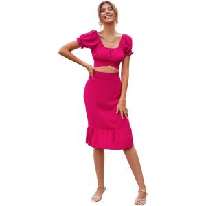 imageLYANER Womens 2 Piece Outfits Floral Self Tie Knot Crop Top and Midi Skirt SetSolid Rose Pink