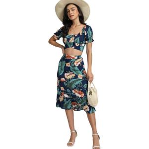 imageLYANER Womens 2 Piece Outfits Floral Self Tie Knot Crop Top and Midi Skirt SetTropical Green