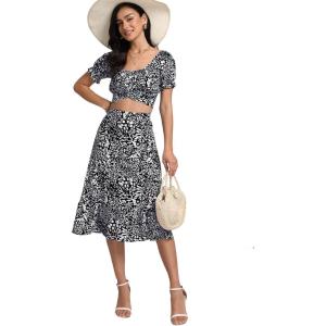 imageLYANER Womens 2 Piece Outfits Floral Self Tie Knot Crop Top and Midi Skirt SetZebra Black