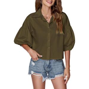 imageLYANER Womens Collar V Neck Button Down Lantern Short Sleeve Blouse Crop Top ShirtArmy Green