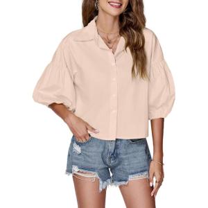 imageLYANER Womens Collar V Neck Button Down Lantern Short Sleeve Blouse Crop Top ShirtBeige