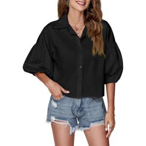 imageLYANER Womens Collar V Neck Button Down Lantern Short Sleeve Blouse Crop Top ShirtBlack