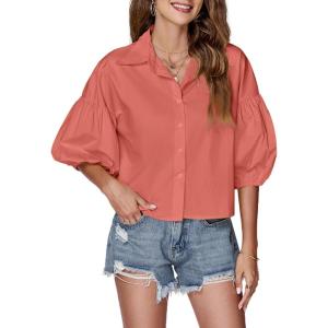 imageLYANER Womens Collar V Neck Button Down Lantern Short Sleeve Blouse Crop Top ShirtCoral Red