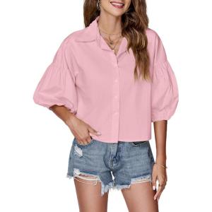 imageLYANER Womens Collar V Neck Button Down Lantern Short Sleeve Blouse Crop Top ShirtLight Pink