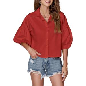 imageLYANER Womens Collar V Neck Button Down Lantern Short Sleeve Blouse Crop Top ShirtRed