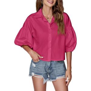 imageLYANER Womens Collar V Neck Button Down Lantern Short Sleeve Blouse Crop Top ShirtRose