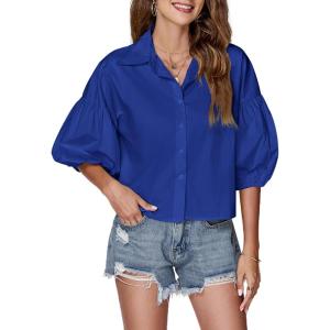 imageLYANER Womens Collar V Neck Button Down Lantern Short Sleeve Blouse Crop Top ShirtRoyal Blue