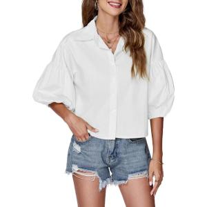 imageLYANER Womens Collar V Neck Button Down Lantern Short Sleeve Blouse Crop Top ShirtWhite