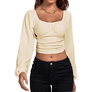 imageLYANER Womens Off Shoulder Ruched Lantern Sleeve Sexy Crop Top Tube BlouseBeige