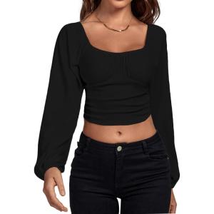 imageLYANER Womens Off Shoulder Ruched Lantern Sleeve Sexy Crop Top Tube BlouseBlack