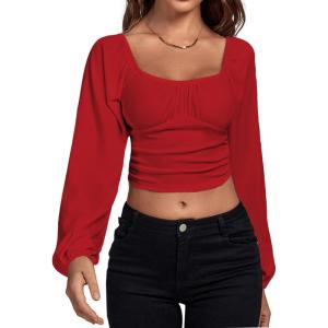 imageLYANER Womens Off Shoulder Ruched Lantern Sleeve Sexy Crop Top Tube BlouseRed