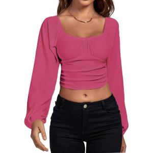 imageLYANER Womens Off Shoulder Ruched Lantern Sleeve Sexy Crop Top Tube BlouseRose