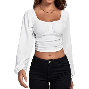 imageLYANER Womens Off Shoulder Ruched Lantern Sleeve Sexy Crop Top Tube BlouseSolid White