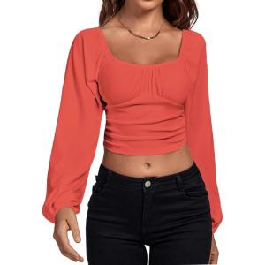 imageLYANER Womens Off Shoulder Ruched Lantern Sleeve Sexy Crop Top Tube BlouseWatermelon Red