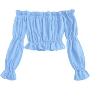 imageLYANER Womens Off Shoulder Ruffle Trim Puff Long Sleeve Tube Crop Blouse Shirt TopBaby Blue