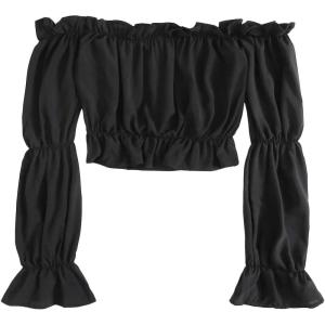 imageLYANER Womens Off Shoulder Ruffle Trim Puff Long Sleeve Tube Crop Blouse Shirt TopBlack
