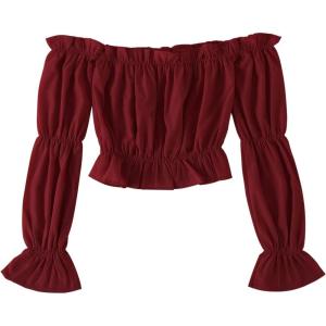 imageLYANER Womens Off Shoulder Ruffle Trim Puff Long Sleeve Tube Crop Blouse Shirt TopBurgundy