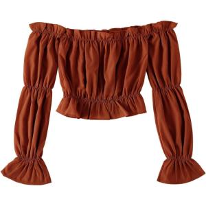 imageLYANER Womens Off Shoulder Ruffle Trim Puff Long Sleeve Tube Crop Blouse Shirt TopBurnt Orange