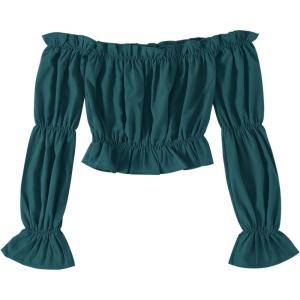 imageLYANER Womens Off Shoulder Ruffle Trim Puff Long Sleeve Tube Crop Blouse Shirt TopDeep Teal