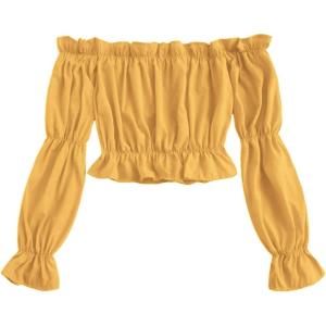 imageLYANER Womens Off Shoulder Ruffle Trim Puff Long Sleeve Tube Crop Blouse Shirt TopGinger