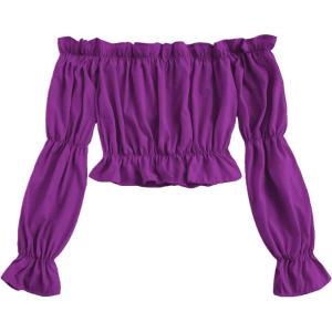 imageLYANER Womens Off Shoulder Ruffle Trim Puff Long Sleeve Tube Crop Blouse Shirt TopGrape Purple