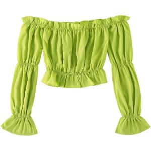 imageLYANER Womens Off Shoulder Ruffle Trim Puff Long Sleeve Tube Crop Blouse Shirt TopGrass Green