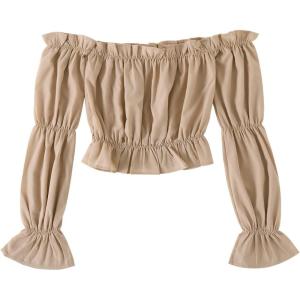 imageLYANER Womens Off Shoulder Ruffle Trim Puff Long Sleeve Tube Crop Blouse Shirt TopKhaki