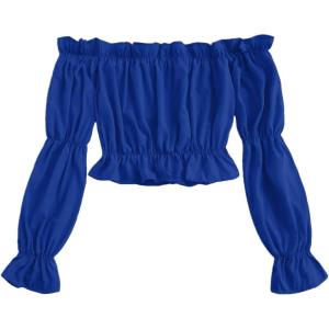 imageLYANER Womens Off Shoulder Ruffle Trim Puff Long Sleeve Tube Crop Blouse Shirt TopNavy