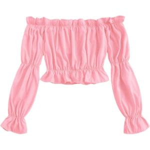 imageLYANER Womens Off Shoulder Ruffle Trim Puff Long Sleeve Tube Crop Blouse Shirt TopPink