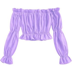 imageLYANER Womens Off Shoulder Ruffle Trim Puff Long Sleeve Tube Crop Blouse Shirt TopPurple