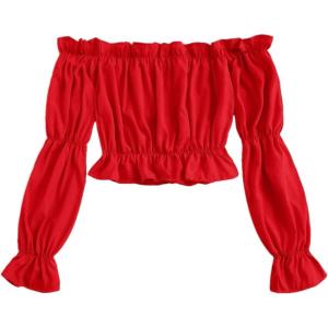 imageLYANER Womens Off Shoulder Ruffle Trim Puff Long Sleeve Tube Crop Blouse Shirt TopRed