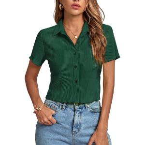 imageLYANER Womens Rib Knit Collar V Neck Button Down Ruffle Tirm Short Sleeve Crop Top Blouse ShirtDark Green