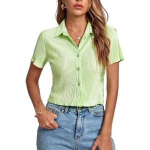 imageLYANER Womens Rib Knit Collar V Neck Button Down Ruffle Tirm Short Sleeve Crop Top Blouse ShirtGrass Green