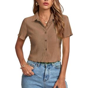 imageLYANER Womens Rib Knit Collar V Neck Button Down Ruffle Tirm Short Sleeve Crop Top Blouse ShirtLight Brown