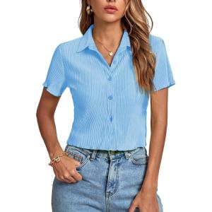 imageLYANER Womens Rib Knit Collar V Neck Button Down Ruffle Tirm Short Sleeve Crop Top Blouse ShirtLigth Blue