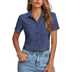 imageLYANER Womens Rib Knit Collar V Neck Button Down Ruffle Tirm Short Sleeve Crop Top Blouse ShirtNavy