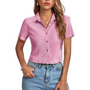 imageLYANER Womens Rib Knit Collar V Neck Button Down Ruffle Tirm Short Sleeve Crop Top Blouse ShirtPink