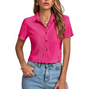 imageLYANER Womens Rib Knit Collar V Neck Button Down Ruffle Tirm Short Sleeve Crop Top Blouse ShirtRose