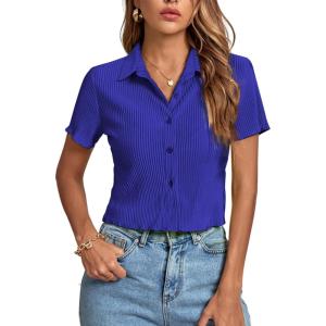 imageLYANER Womens Rib Knit Collar V Neck Button Down Ruffle Tirm Short Sleeve Crop Top Blouse ShirtRoyal Blue