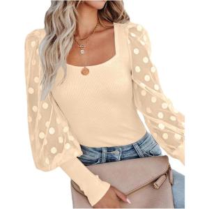 imageLYANER Womens Square Neck Blouse Sheer Mesh Lantern Sleeve Polka Dot Knit Business Casual Tops ShirtsBeige
