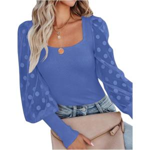 imageLYANER Womens Square Neck Blouse Sheer Mesh Lantern Sleeve Polka Dot Knit Business Casual Tops ShirtsBlue