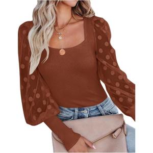 imageLYANER Womens Square Neck Blouse Sheer Mesh Lantern Sleeve Polka Dot Knit Business Casual Tops ShirtsCaramel