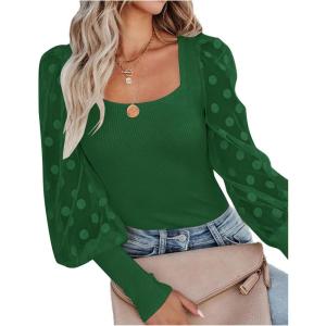 imageLYANER Womens Square Neck Blouse Sheer Mesh Lantern Sleeve Polka Dot Knit Business Casual Tops ShirtsGreen