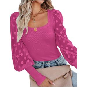 imageLYANER Womens Square Neck Blouse Sheer Mesh Lantern Sleeve Polka Dot Knit Business Casual Tops ShirtsRose